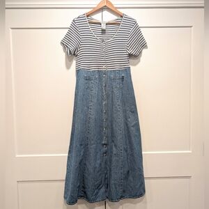 VINTAGE 90s Striped Top Denim Button-Down Prairie Style House Dress